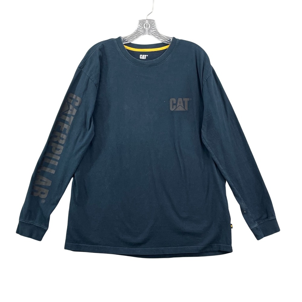 CAT Caterpillar Long Sleeve Shirt Mens Large Blue Graphic Logo Workwear Cotton